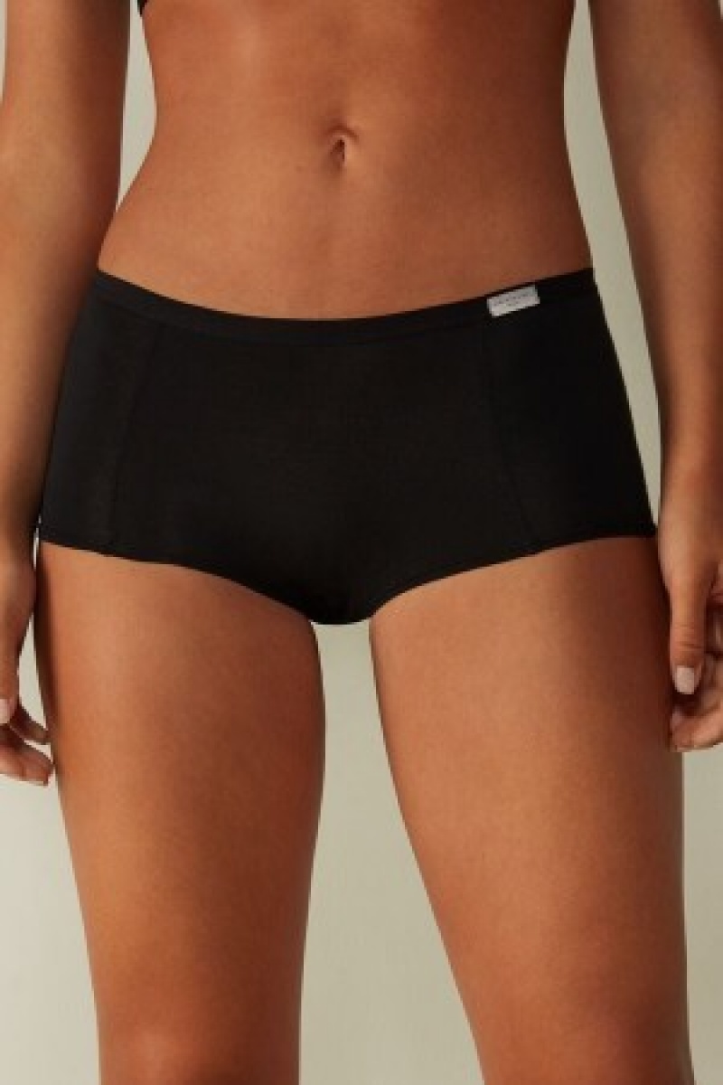 Black Intimissimi Cotton Boyshorts | CAJKU16048